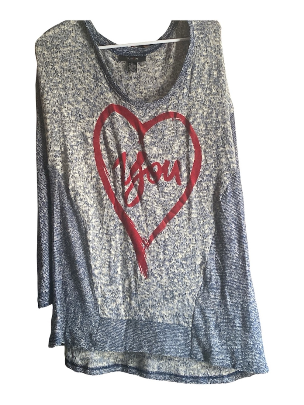 Heathered Blue Pullover with Red Heart "You" Graphic